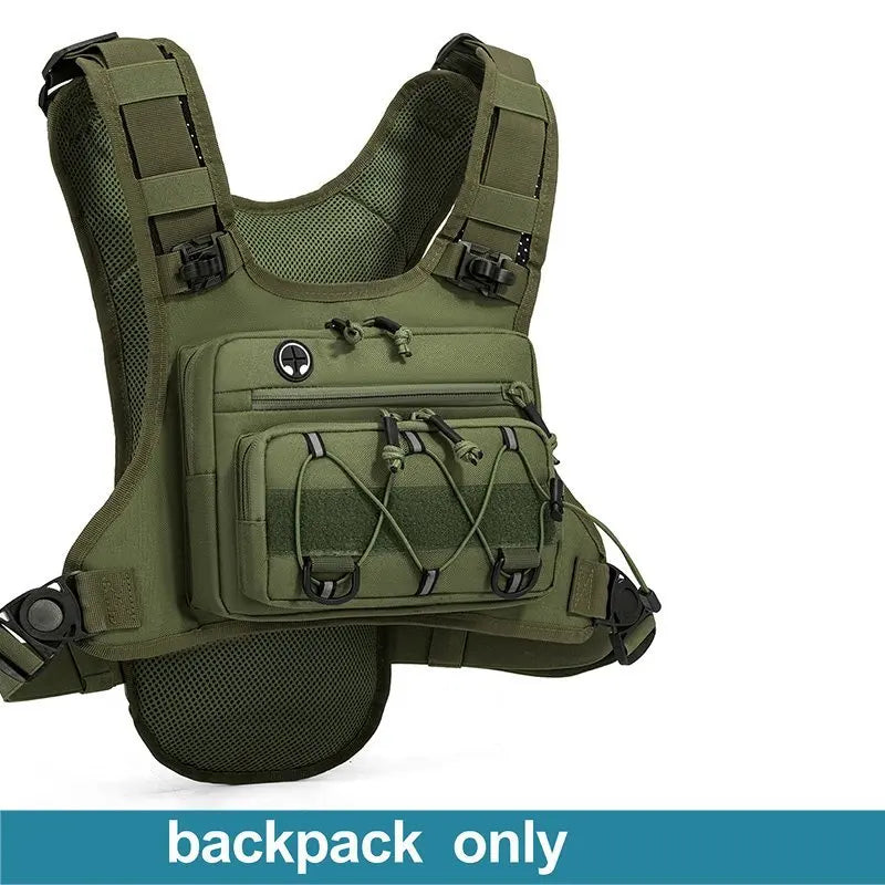 An olive green tactical backpack vest with multiple front utility pockets, webbing, and compression straps, shown on a white background.