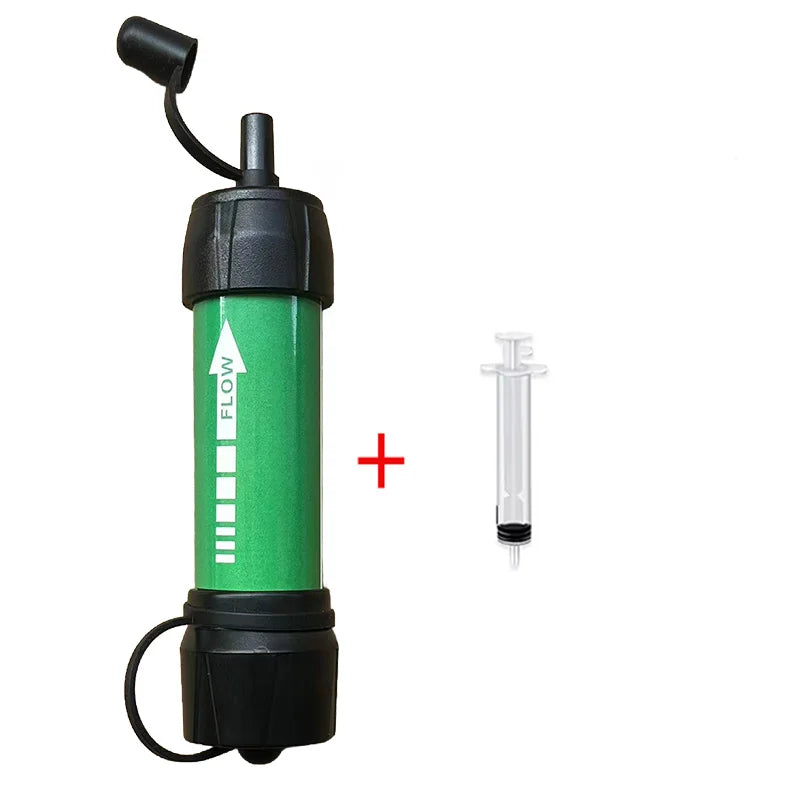 Green and black water filter straw with a syringe on a white background