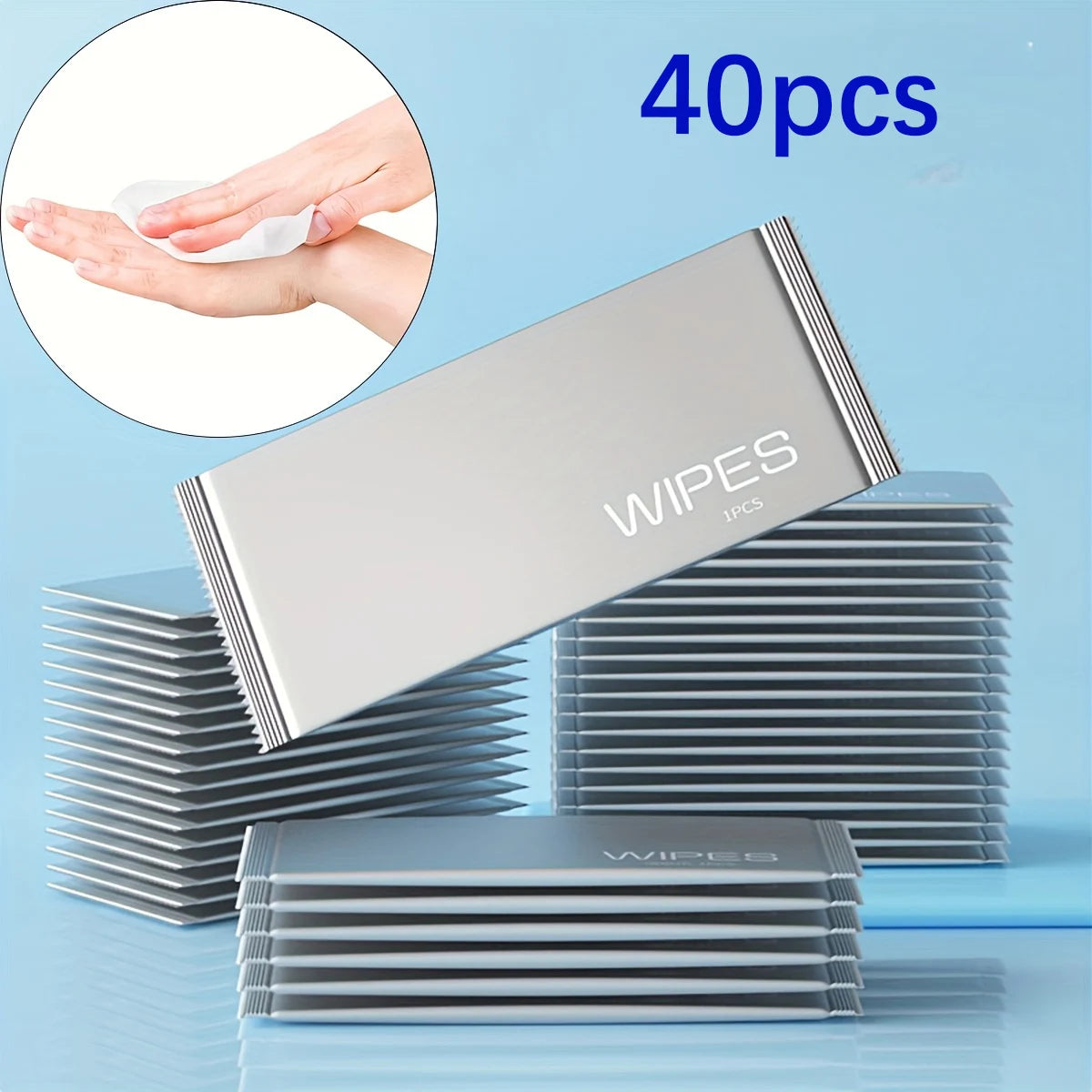 Pack of wipes with a hand holding a wipe on a blue background