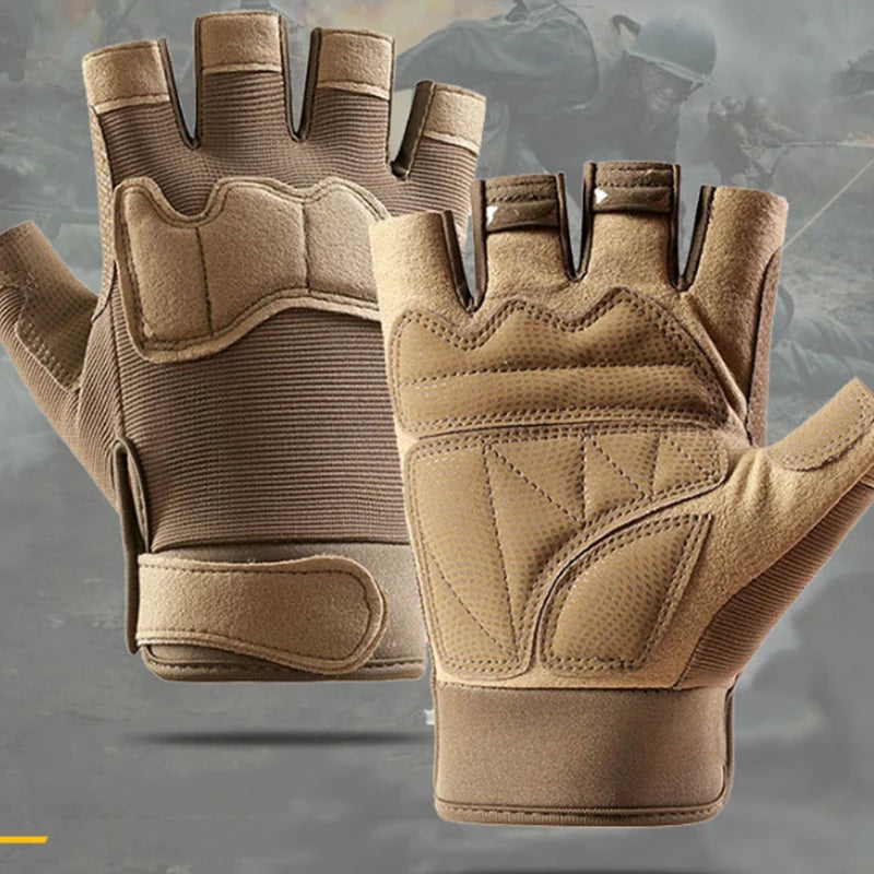 A pair of tan fingerless gloves shown from both front and back against a blurred military-themed background.