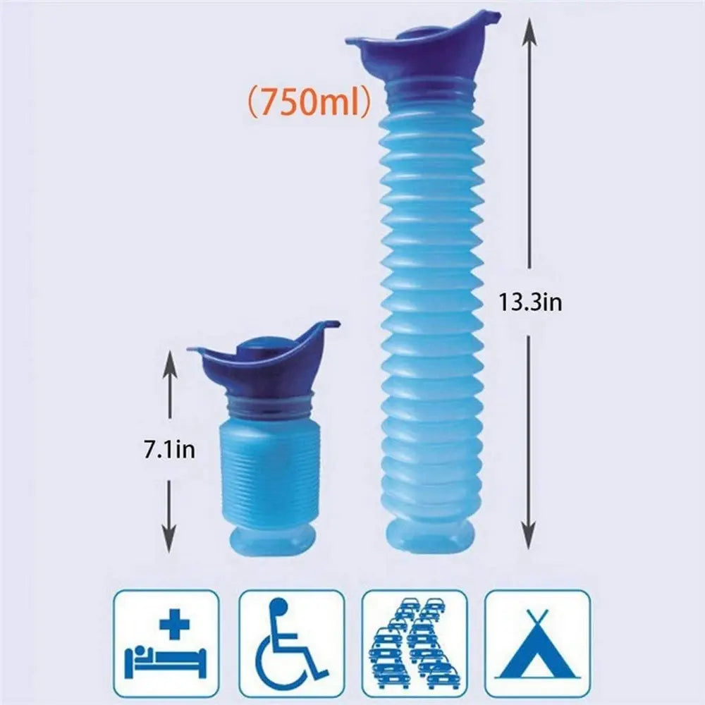 Portable collapsible urinal with capacity measurements and feature icons on a light purple background.