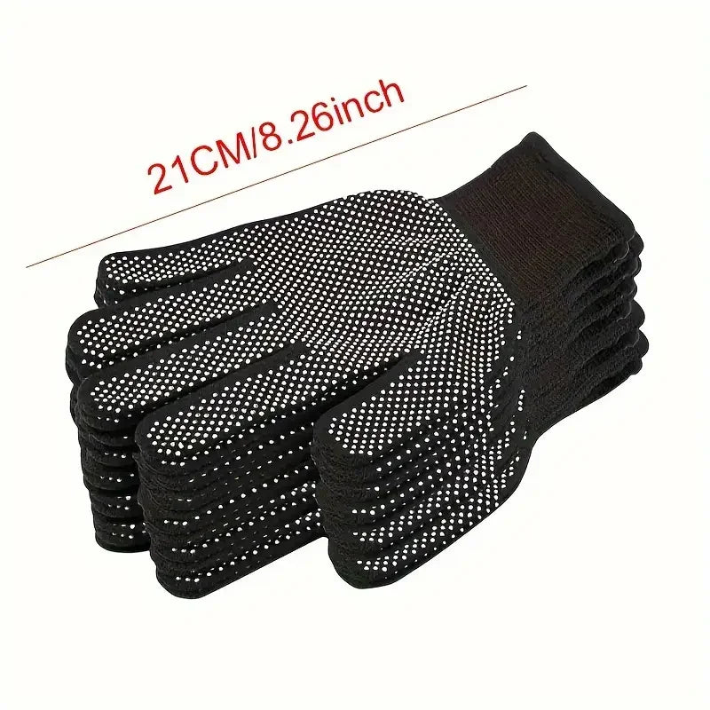 Stack of black gloves with textured palm, shown with a measurement label on a white background.