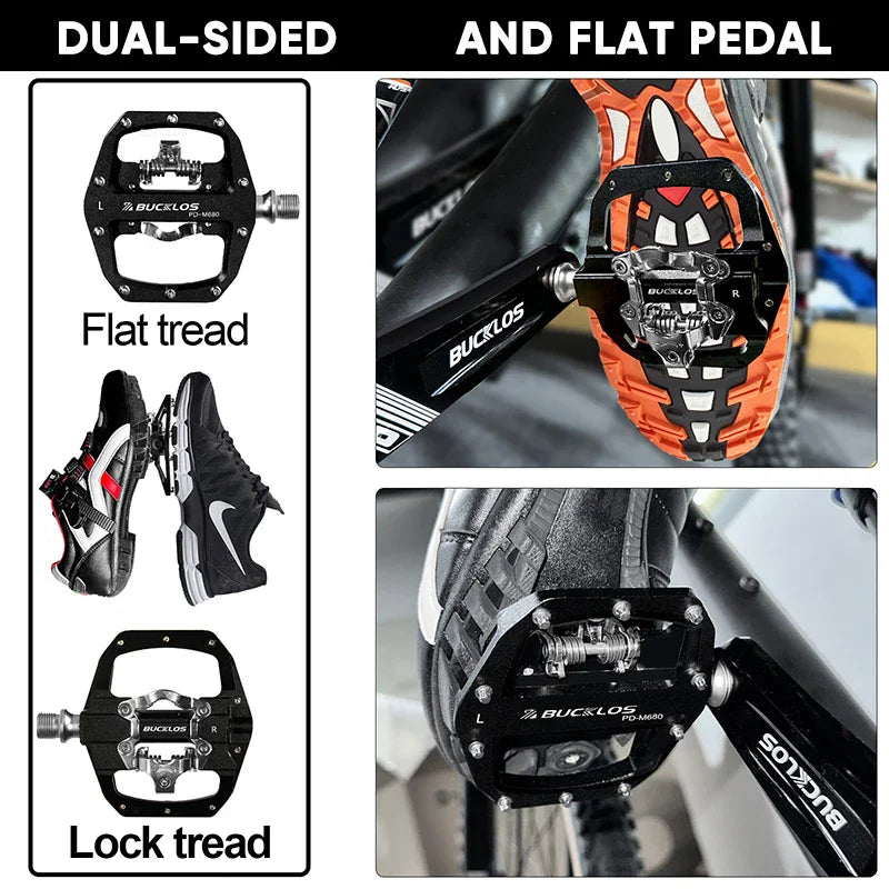 Bucklos MTB SPD Dual-Function Pedals – Clipless & Flat Platform, Non-Slip