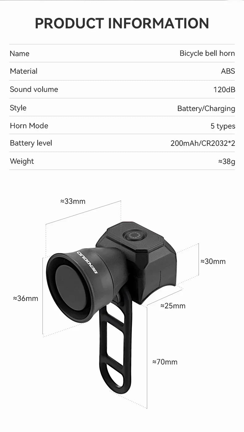 USB Rechargeable Waterproof Bike Bell & Horn