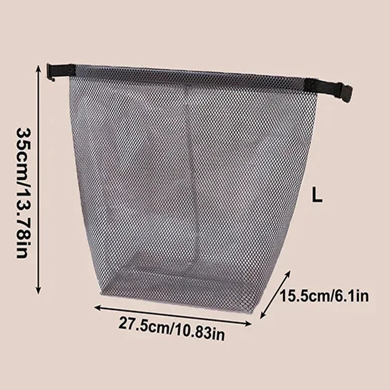 A black mesh hanging basket or net with dimension arrows and measurements showing 35 cm height, 27.5 cm width, and 15.