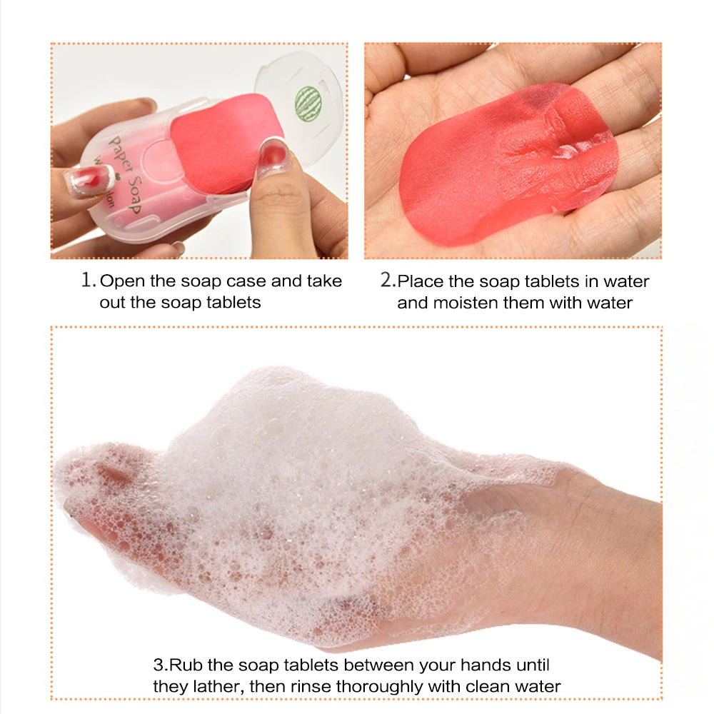 Instructions for using soap tablets with a visual of a hand holding a soap case, applying soap to water, and scrubbing hands.