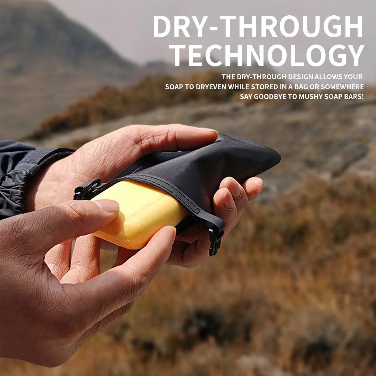 Hand holding a yellow soap bar in a black bag with text about dry-through technology.