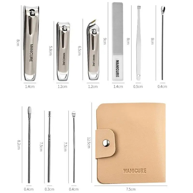 Manicure tool set with dimensions labeled on a white background