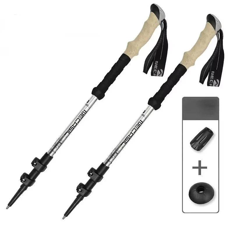 Two hiking poles with adjustable components on a white background