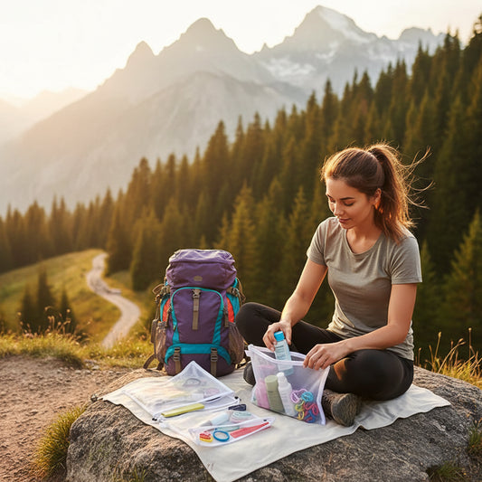 a women is tidy up set of five mesh zipper pouches containing toiletry items in woods background 