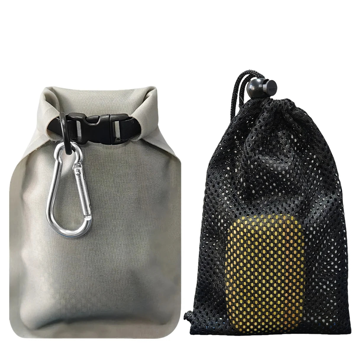 Gray dry bag with carabiner and black mesh drawstring bag on a white background