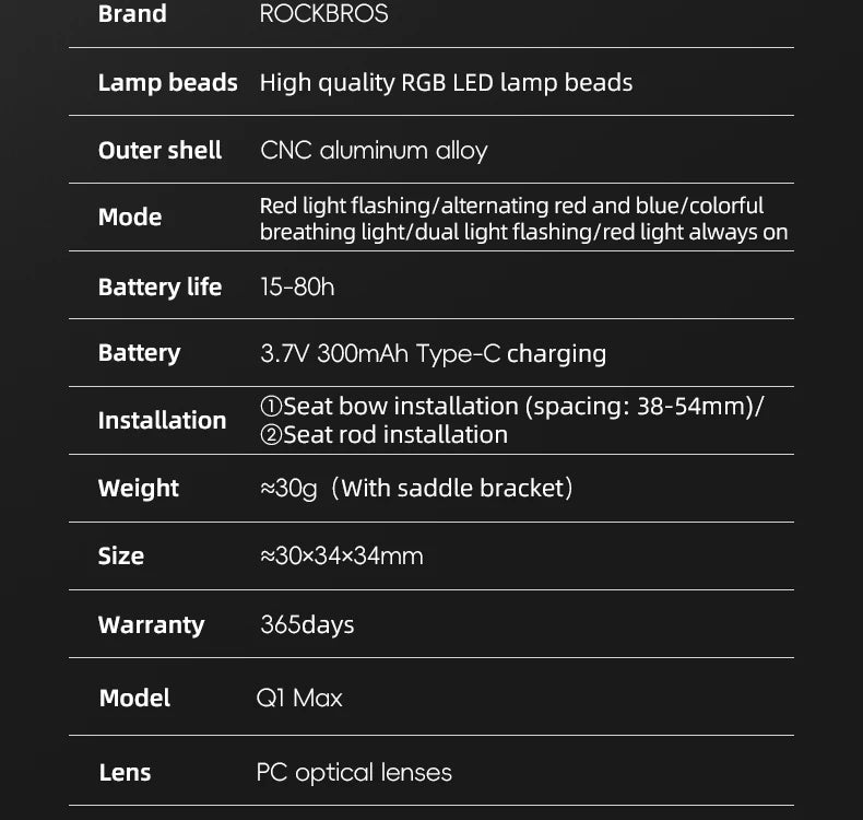 ROCKBROS Smart Brake Sensing Rear Bike Light — Aluminium Waterproof Type-C