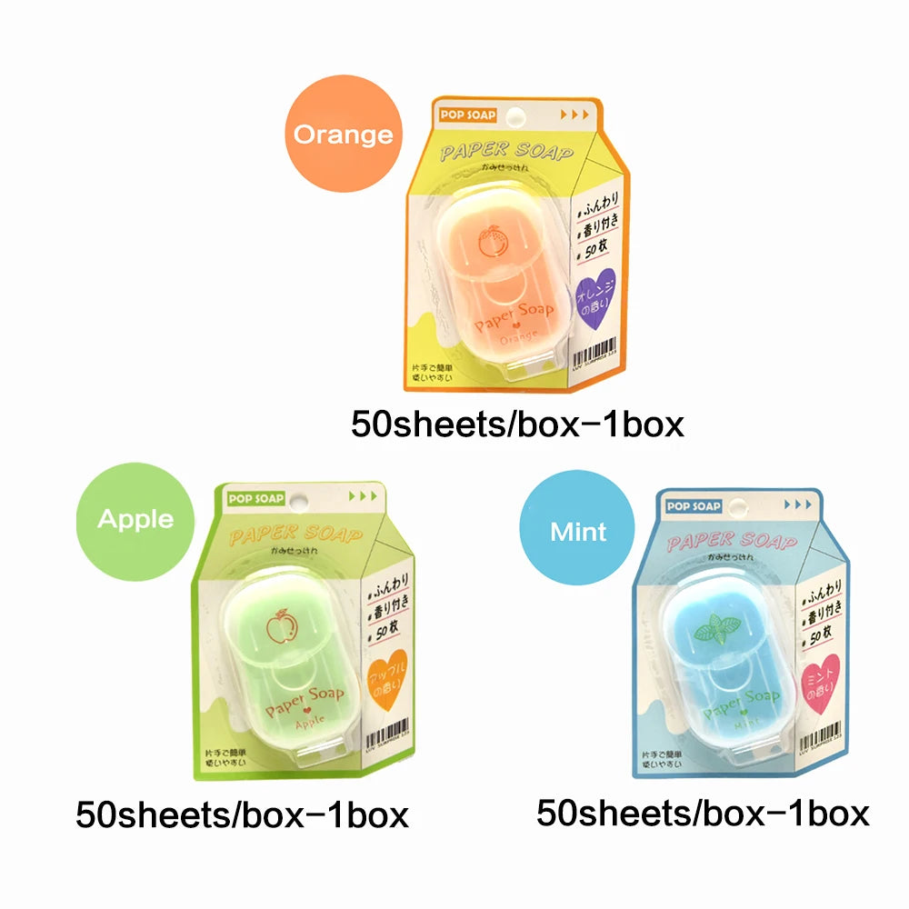 Three packages of paper soap with different scents on a white background