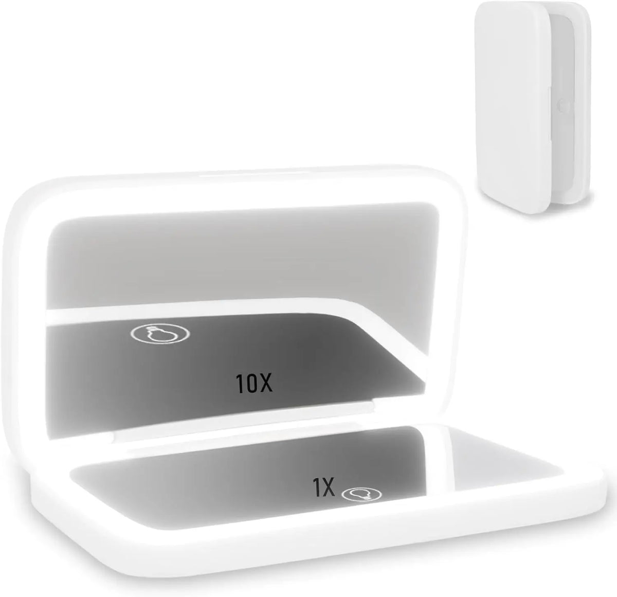 A white LED lighted makeup mirror shown open with its mirror reflecting a dark gray area, plus a small inset showing the compact folded behind it on a white background.
