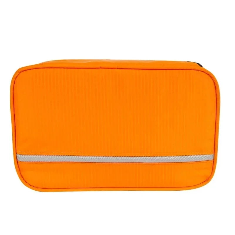 Orange toiletry bag with a reflective strip on a white background
