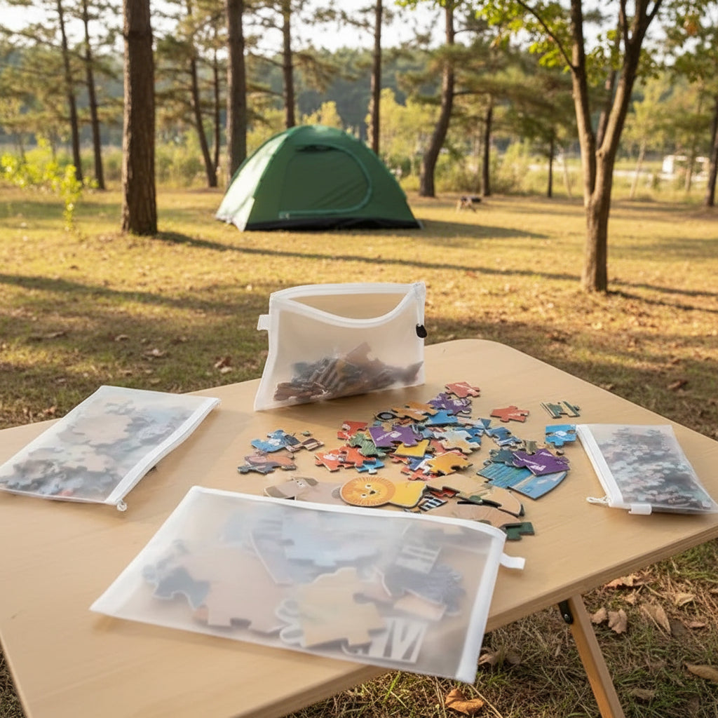  puzzle pieces into mesh zipper pouches on a wooden table