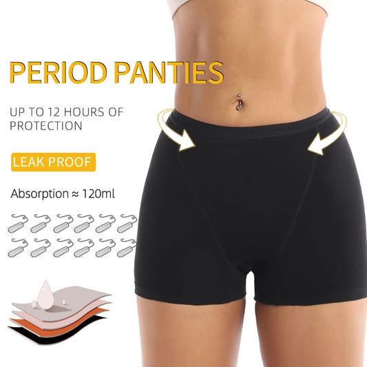 Black period panties with text highlighting features on a white background
