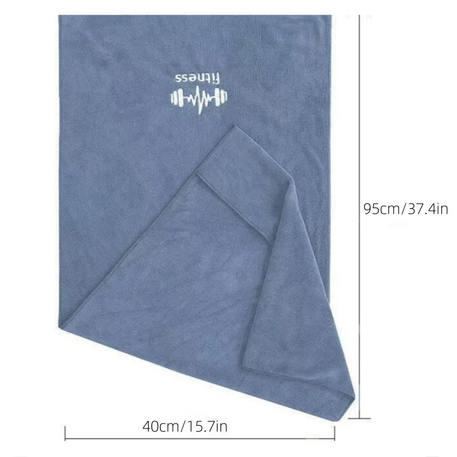 Blue towel and heart rate monitor graphic, folded, on a white background with measurements.
