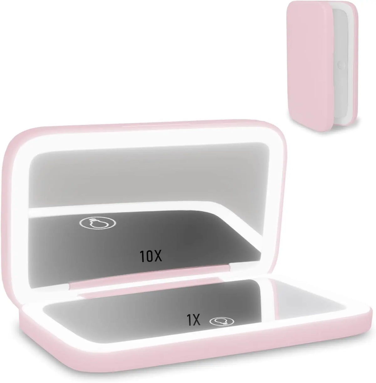 A compact, light pink LED makeup mirror shown open with its interior mirror reflecting a dark area labeled '10X' and '1X'. A smaller inset image in the top right shows the mirror closed, displaying its pink exterior and white interior.