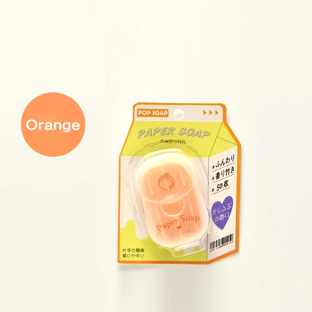 Packaged paper soap with orange color swatch on a white background