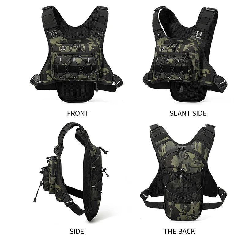 Camo tactical vest shown from front, slant side, side, and back views on a white background.
