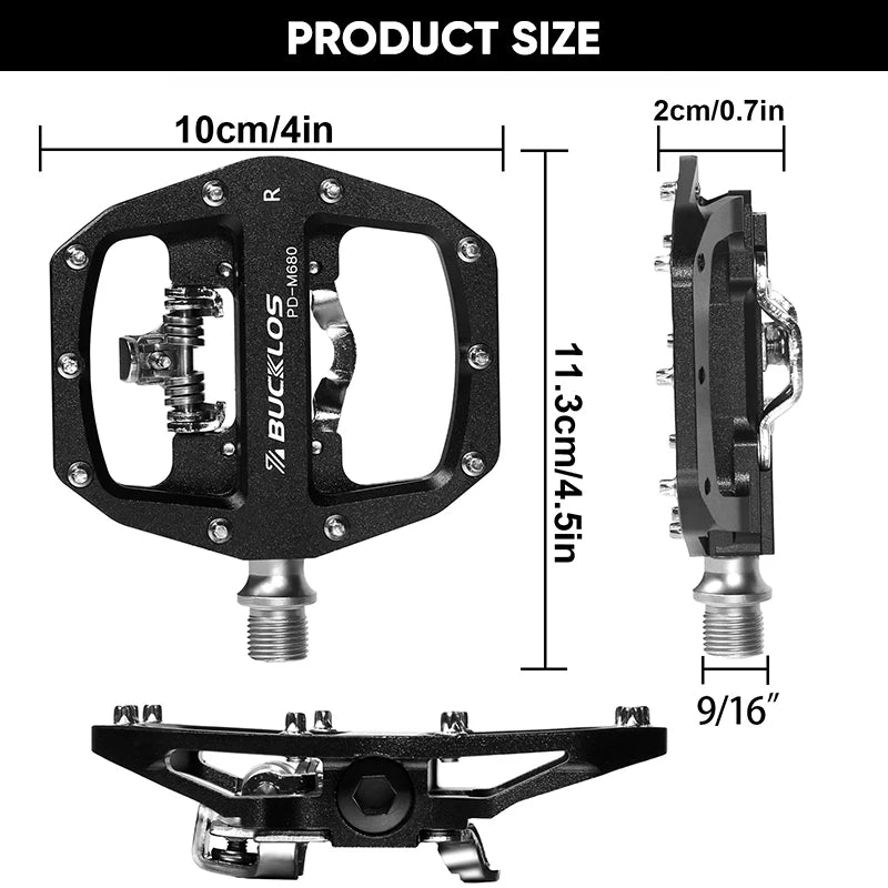 Bucklos MTB SPD Dual-Function Pedals – Clipless & Flat Platform, Non-Slip