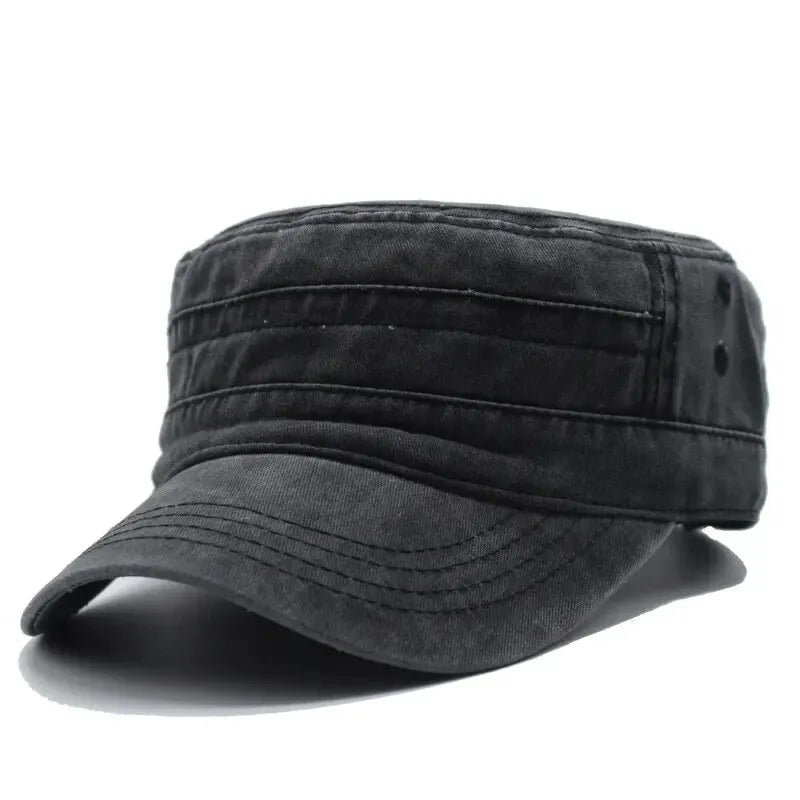 Black flat cap on a white background