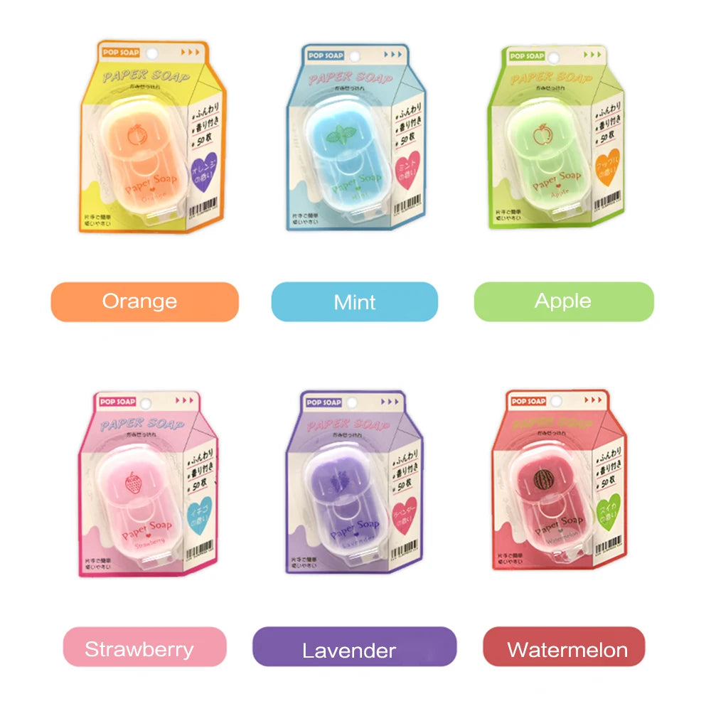 Set of colorful packaging for paper soap with labels indicating flavors like orange, mint, apple, strawberry, lavender, and watermelon.