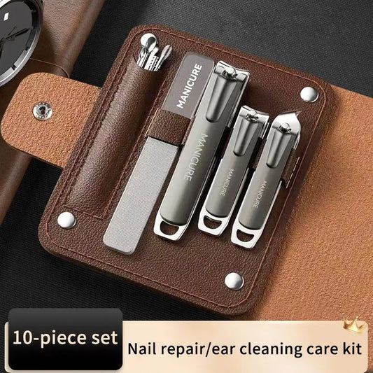 Nail repair/ear cleaning care kit with four tools in a brown leather case.