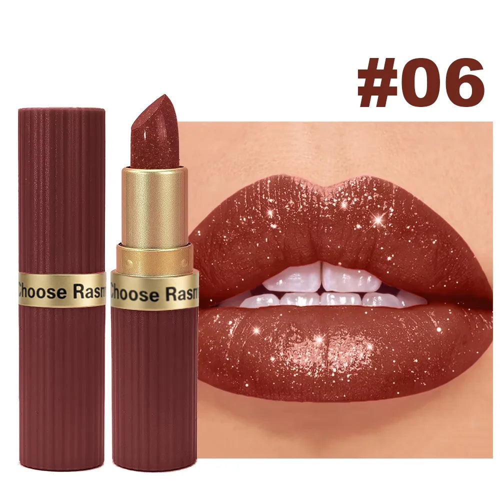 Pearlescent Pink Glitter Velvet Lipstick – Metallic Waterproof Shimmer Diamond Finish