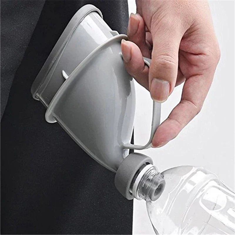 Portable urination funnel with cap being attached, on a clear background.