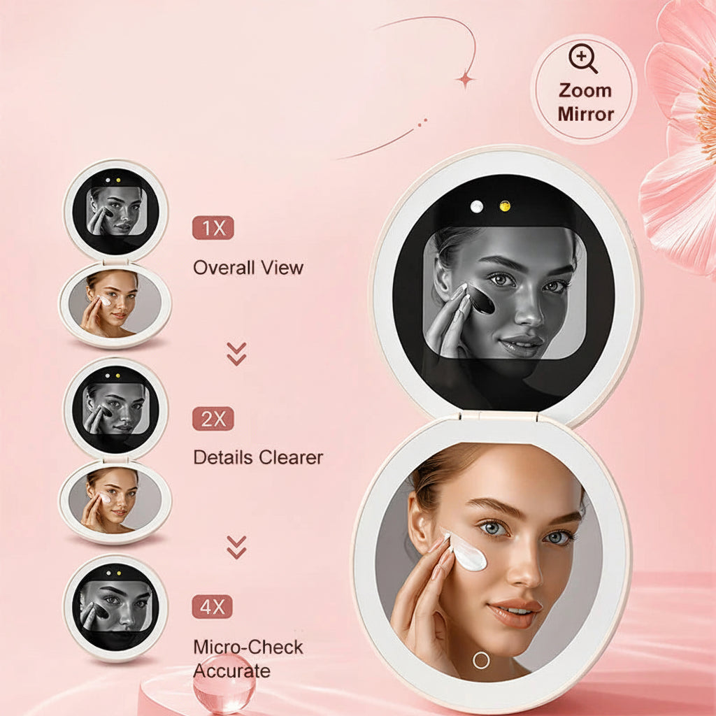 Compact mirror with zoom features on a pink background
