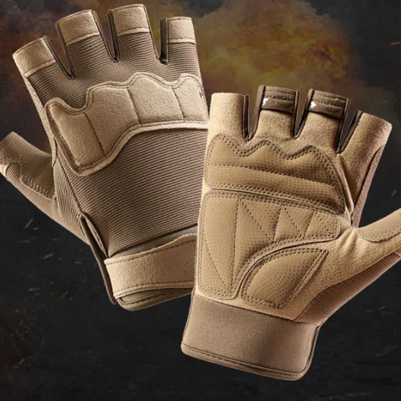 A pair of tan fingerless gloves with reinforced padded panels, shown against a dark textured background.