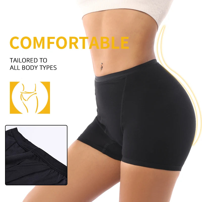 Black shorts worn by a person with text indicating comfort and suitability for all body types.