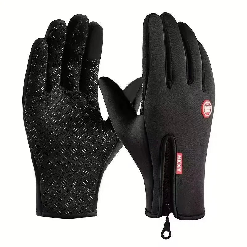 Pair of black gloves with textured palm and brand logo on a white background