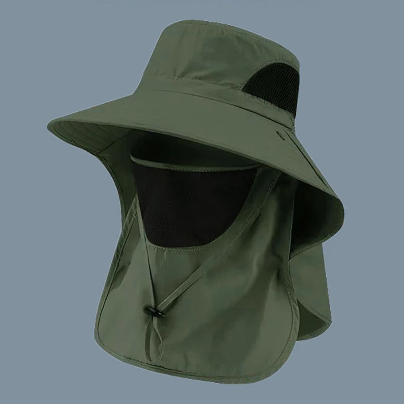 Green sun hat with face coverage on a gray background
