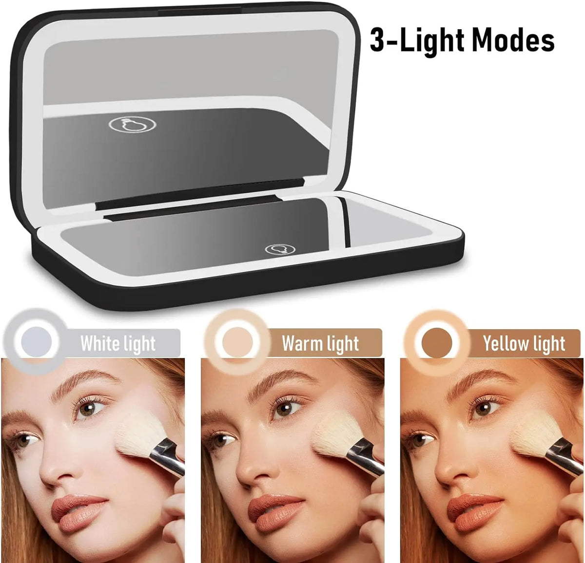 A compact rectangular mirror makeup compact with an open lid, shown above three inset photos of a woman applying powder under different light modes labeled White light, Warm light, and Yellow light. Text at the top reads '3-Light Modes'.