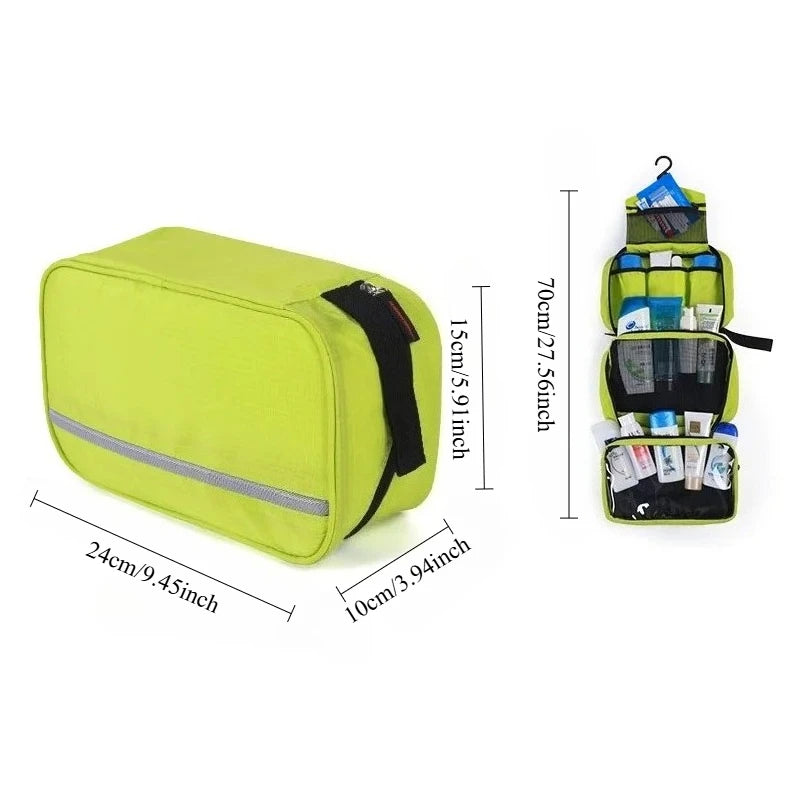 Green toiletry bag with open section showing items and dimensions on a white background