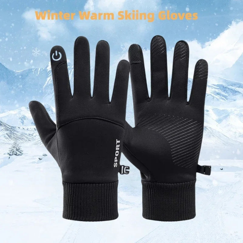 Black winter warm skiing gloves with a mountainous background