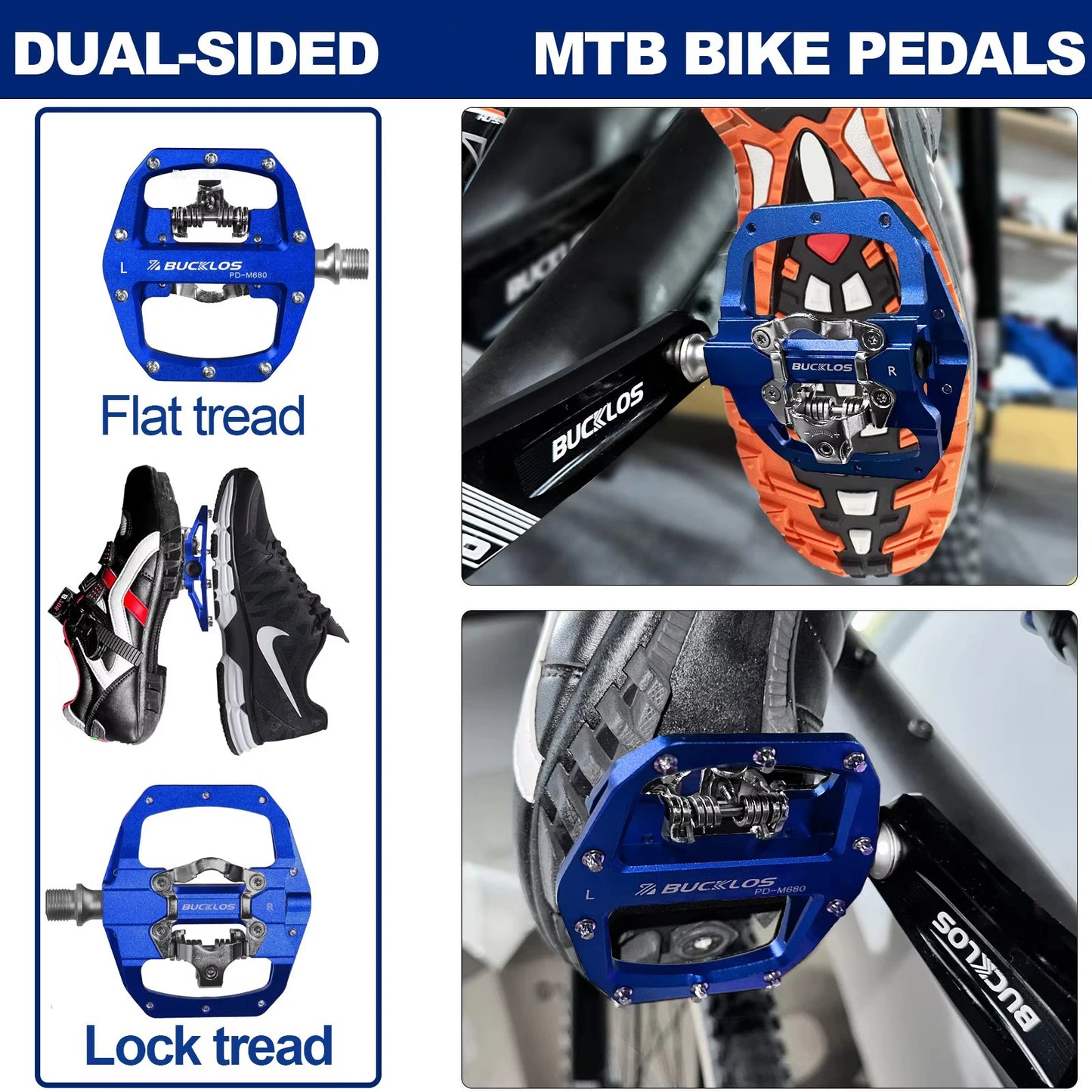Bucklos MTB SPD Dual-Function Pedals – Clipless & Flat Platform, Non-Slip
