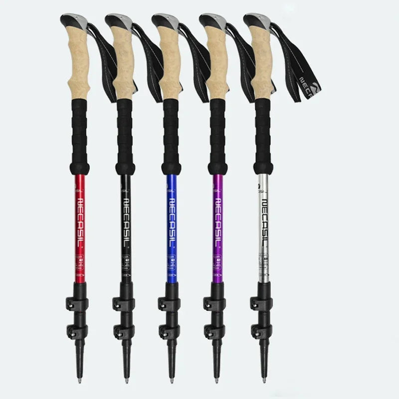 Set of five hiking poles with colored accents on a white background