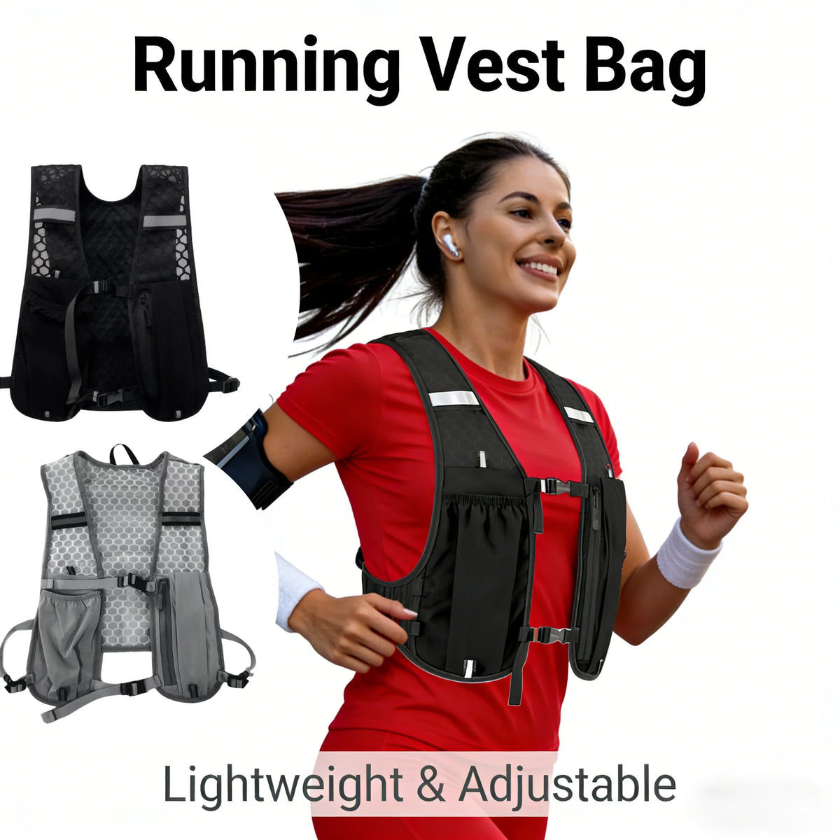 Woman running wearing a black running vest bag with additional vests displayed.
