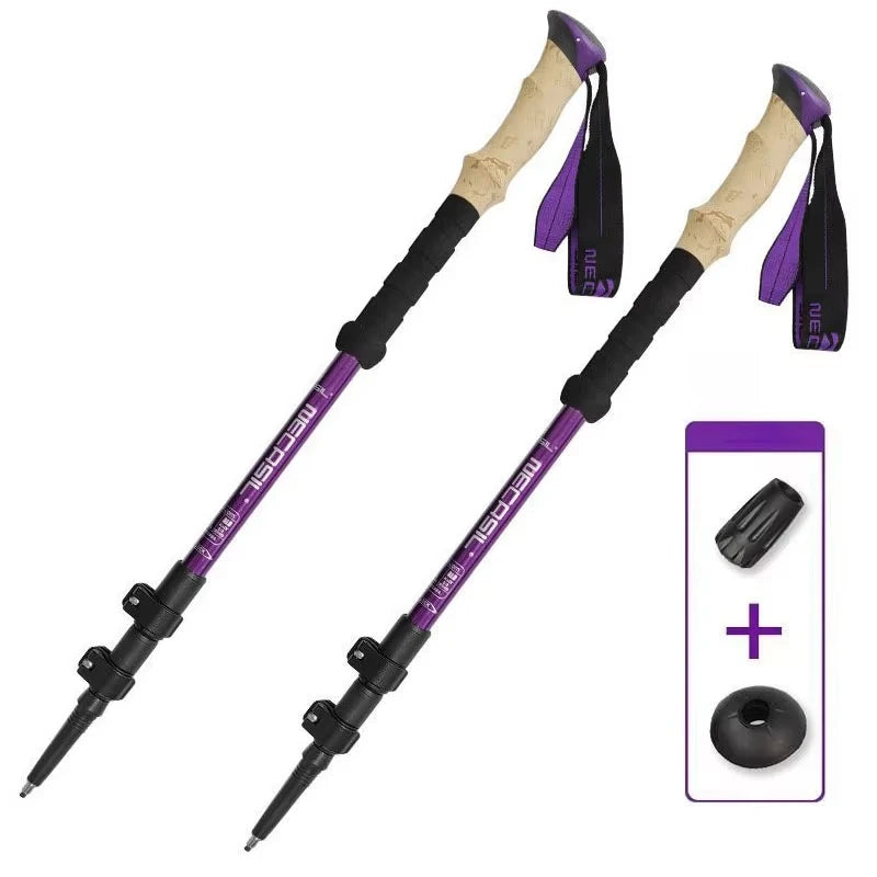 Two purple hiking sticks with black accents on a white background
