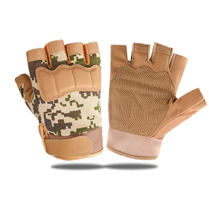 A pair of fingerless gloves shown against a plain white background, displaying both the palm side with a digital camouflage pattern and the back side with a tan mesh grip and padded wrist.