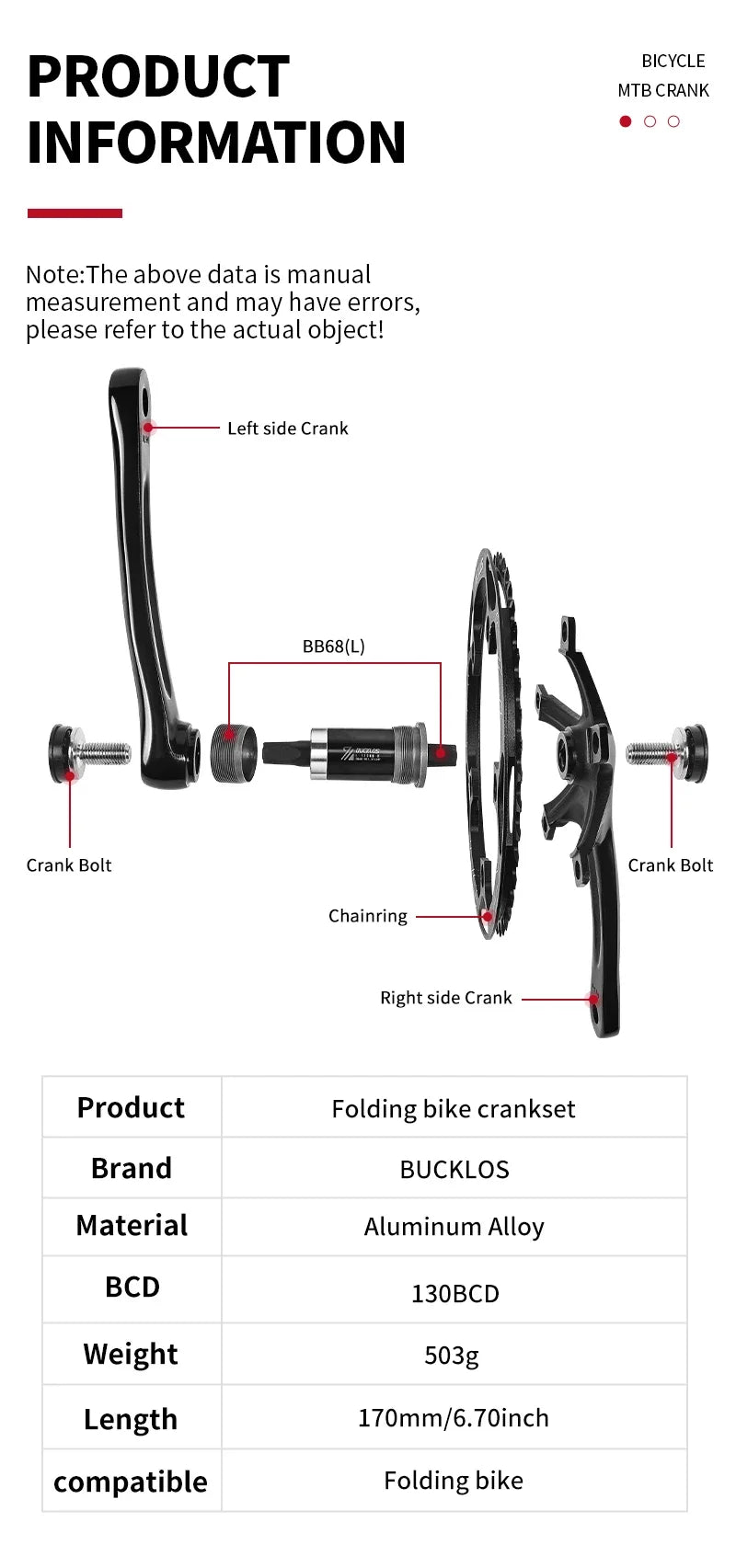 Bucklos 130BCD Folding Bicycle Crankset 170mm – 45T/47T/53T/56T/58T for BMX & Road Bike