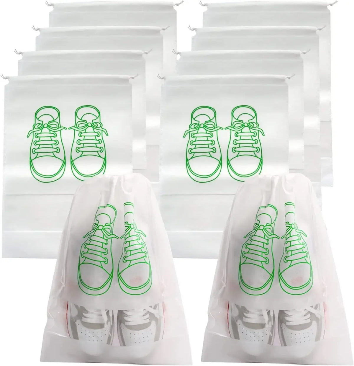 Set of shoe packaging bags with green shoe illustrations on a white background