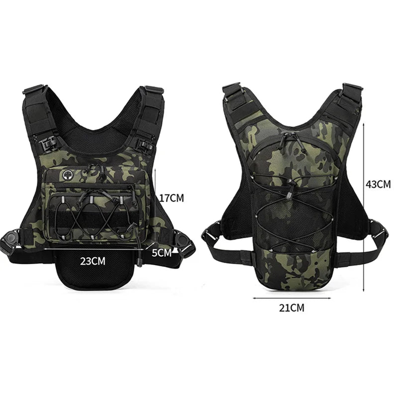 Camouflage tactical vest with measurements on a white background