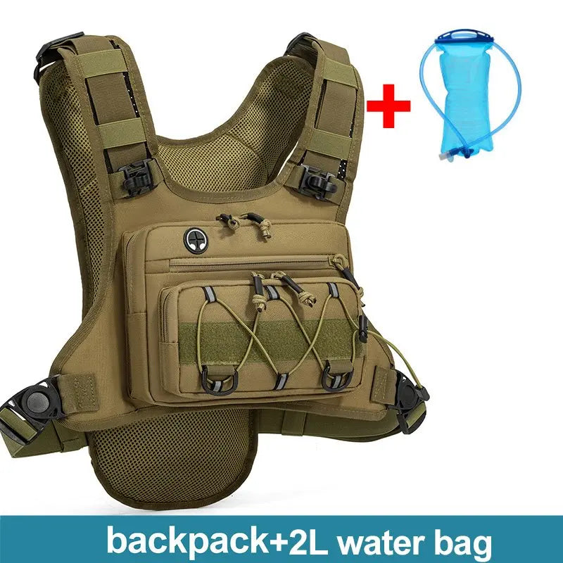 A tan tactical backpack shown on a white background with a red plus sign and a small inset of a blue 2L water bag, plus the text 'backpack+2L water bag' at the bottom.