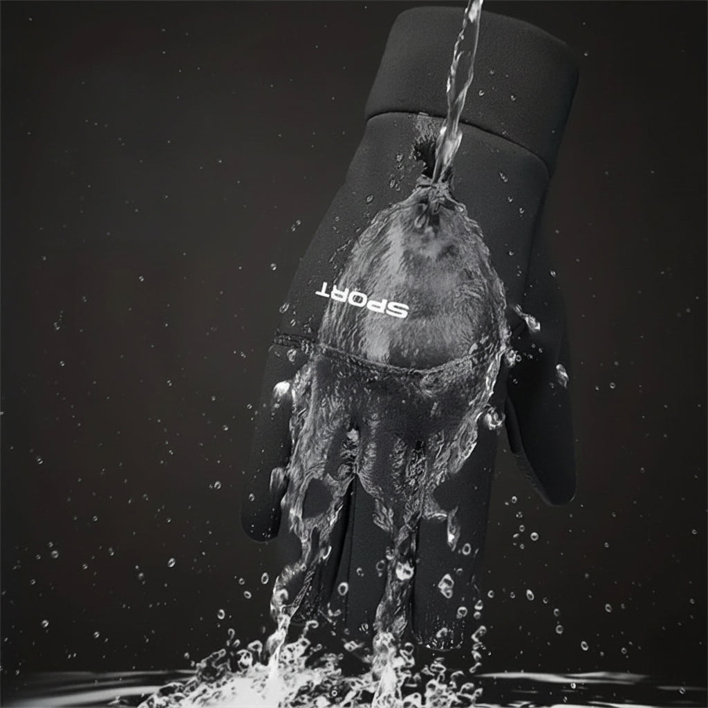 Gloves with windproof coating being splashed with water on a dark background
