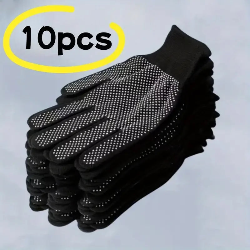 Stack of black gloves with text indicating 10 pieces on a light gray background